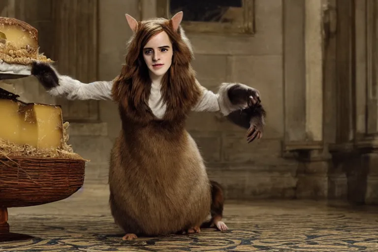 Prompt: photo, emma watson as anthropomorphic furry - rat, 1 8 6 5 5, she is a real huge fat rat with rat body, cats! are around, eating cheese, highly detailed, intricate details