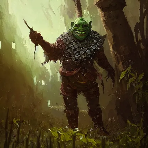 Image similar to portrait of the grinning elder goblin wearing chainmail whilst concealing a spear within the interior orc encampment greg rutkowski ismail inceoglu ishbel myerscough