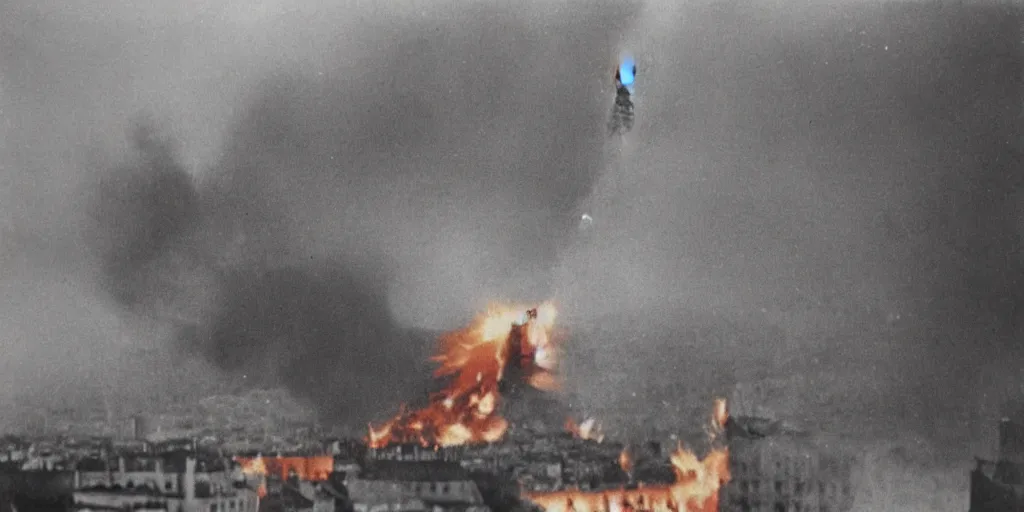 Image similar to Eiffel Tower on fire and being destroyed by flames, falling, despair, people running, military helicopters flying overhead, polaroid, 60s, hyperrealism, no blur, 4k resolution, ultra detailed