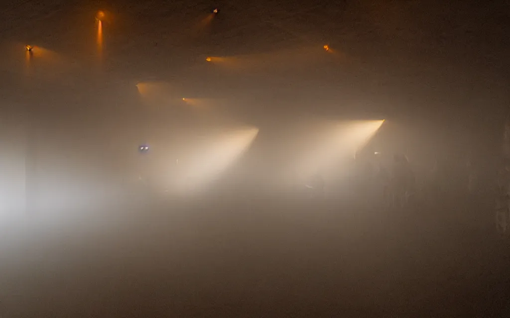 Image similar to sandro botticello. very soft, delicate light. venus but dancefloor in underground club. in the middle is a little platform, people dancing around it. disco lights. fog. moody. sun is already rising. 6 am.