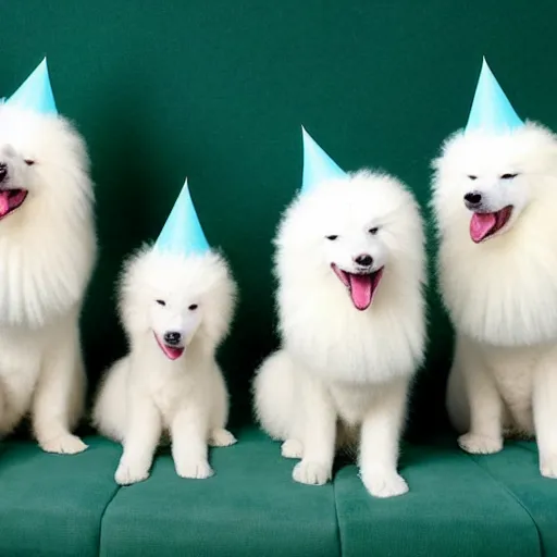 Image similar to realistic, sharp, several white and fluffy samoyeds sitting on the couch wearing birthday hats and smiling to you, happy, cute