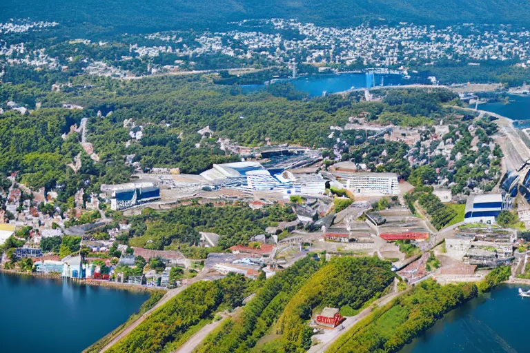 Image similar to bird's eye view photography of a small city. town hall, central farm, monorail station, beach and shipping dock. hills, woods and lake to the north.