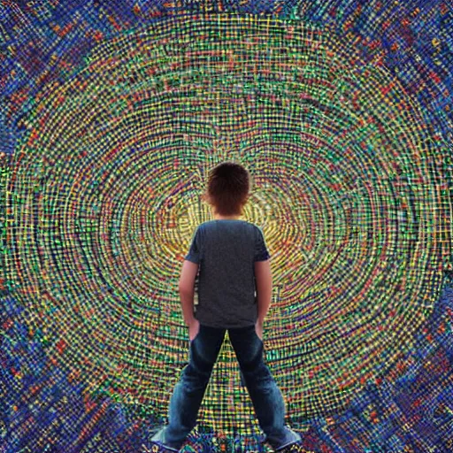 Image similar to a boy in a field with a sky background, a mosaic of screens by jeffrey smith, behance contest winner, generative art, circuitry, fractalism, behance hd