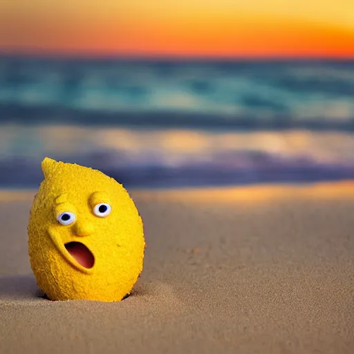 Image similar to 5 0 mm photograph, of a real anthropomorphic lemon character, with lemon skin texture, it is wearing a hat and scuba diving, building a sandcastle on the beach at sunset, beach, huge waves, sun, clouds, tropical trees, rim light, cinematic photography, professional, sand, sandcastle, volumetric lightening