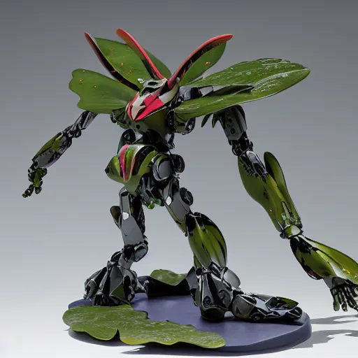 Image similar to amphibious liquid metal mecha detailed exoskeleton, evangelion, 8 k hd resolution, barbatos gundam textured with waterlily pads, bandai box art, star wars, makoto kobayashi, frank gehry, raymond swanland