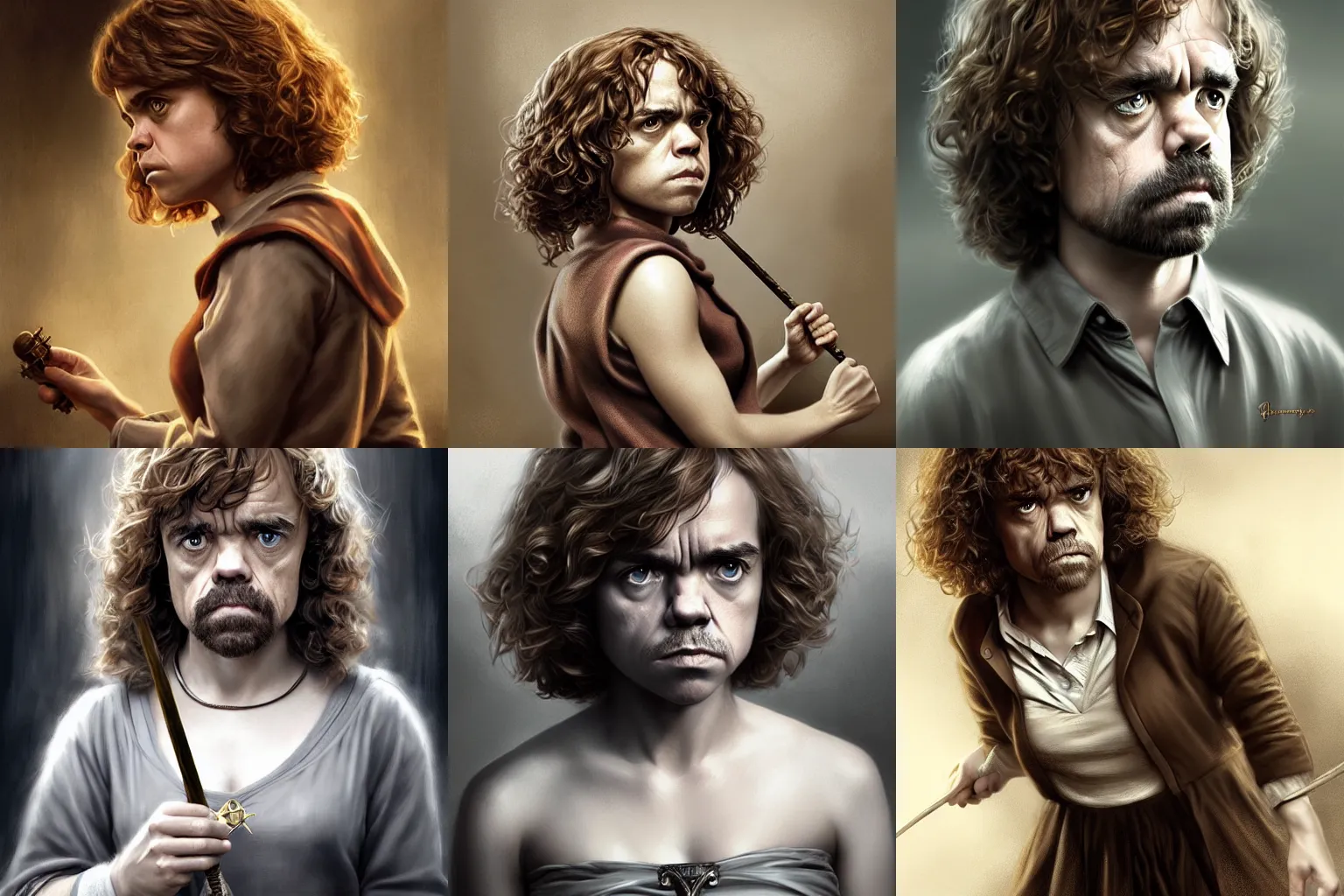 Prompt: peter dinklage as hermione granger, digital painting, extremely detailed, 4 k, intricate, brush strokes, mark arian, artgerm, bastien lecouffe - deharme