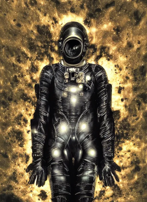 Image similar to astronaut in dark void underwater - complex and hyperdetailed technical suit design. reflection and dispersion materials. rays and dispersion of light. volumetric light. f / 3 2. noise film photo. flash photography. ultra realistic, 5 0 mm. poster by wayne barlowe, hajime sorayama aaron horkey, craig mullins