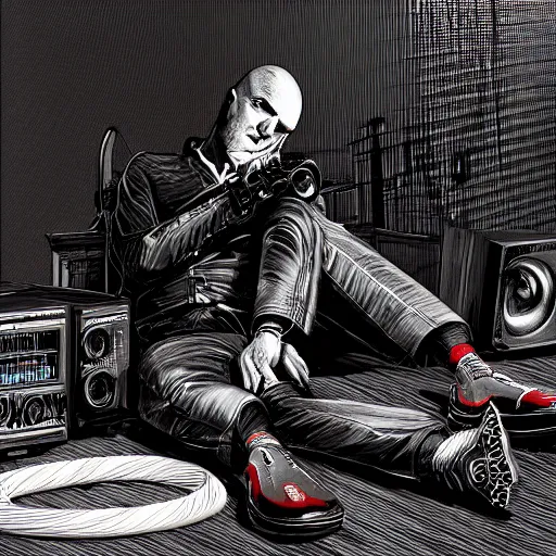 Image similar to agent 4 7 lying down listening to music in front of large stereo speakers surrounded by cables, black background, red rim light, highly detailed, smooth, sharp focus, art by cedric peyravernay