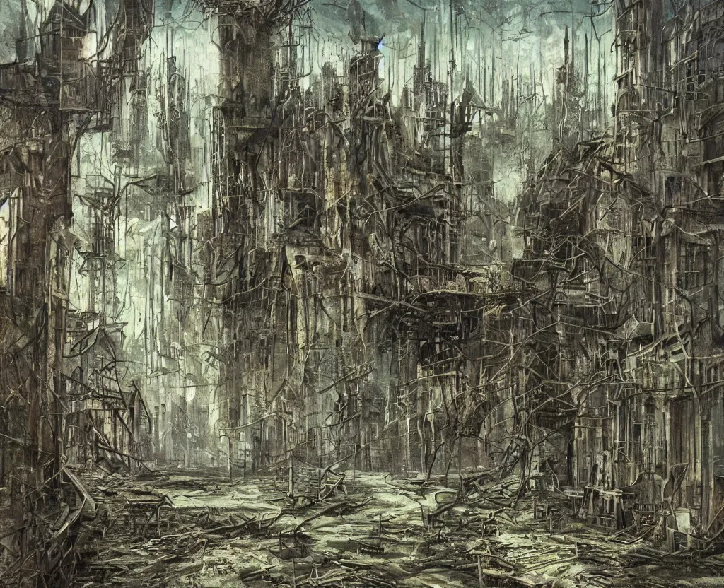 Image similar to a Dystopian gothic painting of the abandoned streets of the overgrown arcology