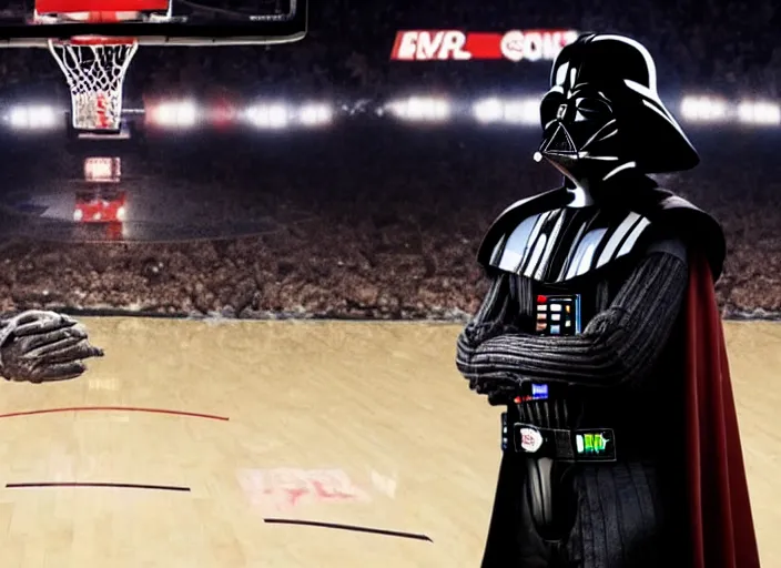 Image similar to ESPN still of Darth Vader playing in the nba playoffs live on espn, 4k