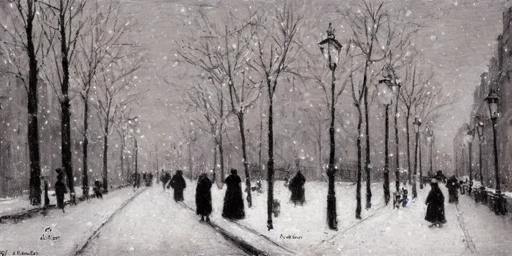 Image similar to an alley in paris in winter, snowing, christmas night, 1 9 1 0