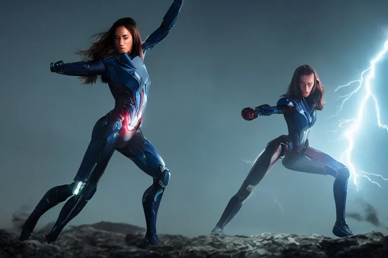 Image similar to vfx marvel sci-fi woman super hero cyborg photo real full body action pose, volumetric lightning, highly detailed, cinematic lighting by Emmanuel Lubezki