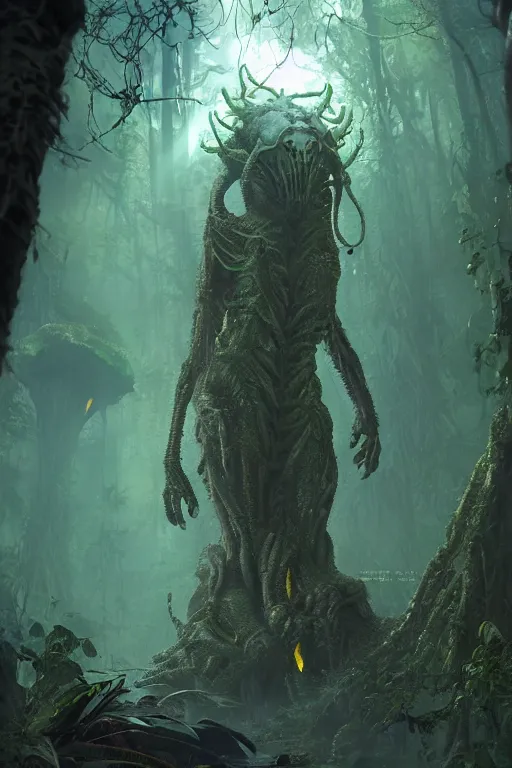 Image similar to giant alien queen in the Jungle, lovecraftian creature, dramatic lighting, cinematic, establishing shot, extremly high detail, foto realistic, cinematic lighting, post processed, concept art, artstation, matte painting, style by eddie mendoza, raphael lacoste, alex ross