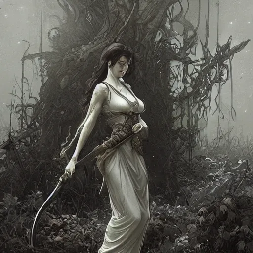 Prompt: death with a scythe on his shoulder walking surrounded by wandering souls, a house garden, shadows, smooth, sharp focus, dark fantasy, greyscale, digital illustration, by artgerm, greg rutkowski, alphonse mucha