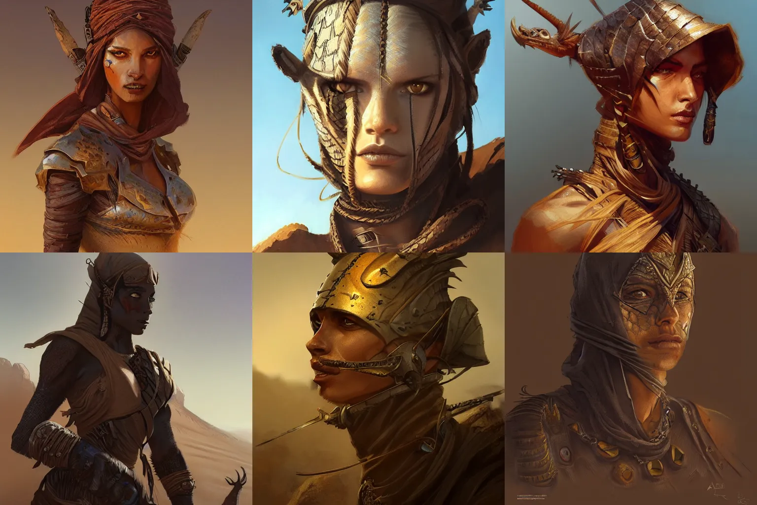 Prompt: anthro lizard, desert nomad warrior, portrait, fantasy, highly detailed, digital painting, artstation, concept art, sharp focus, illustration, art by artgerm and greg rutkowski.