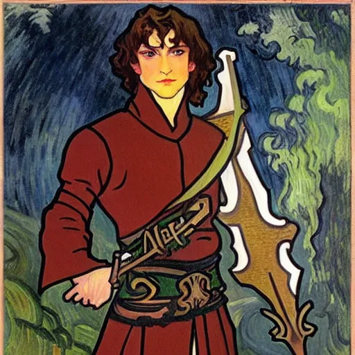 Image similar to painting of young handsome beautiful paladin elf!! man with long! dark hair, elf paladin fighting goblins with his sword, armor, modest, art by alphonse mucha, vincent van gogh, egon schiele,