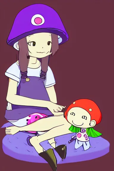 Image similar to a beautiful little girl wearing a mushroom hat sitting on her bed petting a frog in her lap | | purple hair, pretty face, sharped details, in yokai watch art style, trending on pixiv, anatomically correct