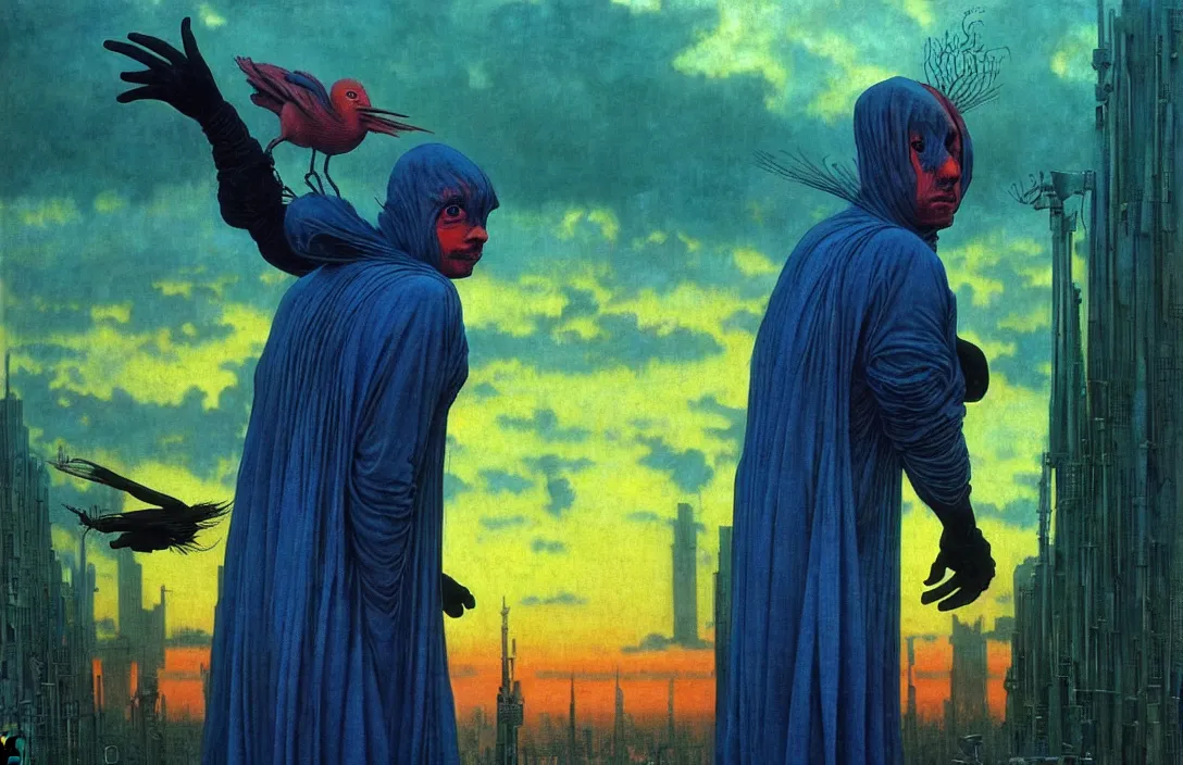 Image similar to realistic detailed portrait movie shot of a birdman in dark ragged robes, futuristic city sunset landscape background by denis villeneuve, amano, yves tanguy, alphonse mucha, ernst haeckel, max ernst, roger dean, masterpiece, rich moody colours, blue eyes, hyperdetailed