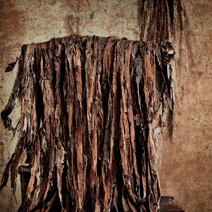 Prompt: a closeup portrait of a woman wearing a cloak made of rusted nails and ribbons, staring at an empty chair, derelict home, photograph, by vincent desiderio, canon eos c 3 0 0, ƒ 1. 8, 3 5 mm, 8 k, medium - format print