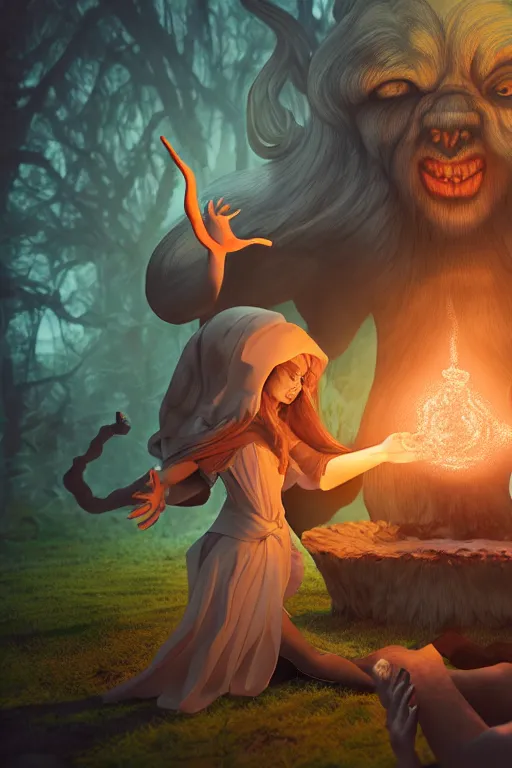 Prompt: mage woman summoning a giant creature, 3 d illustration