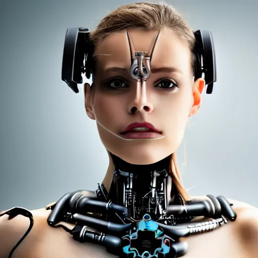 Prompt: portrait photo of a beautiful female cyborg