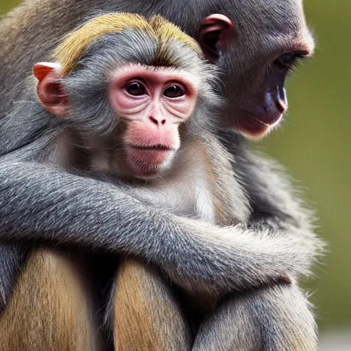 Image similar to a monkey hugging its sister, monkey, birthday, highly detailed, hyper realistic