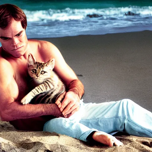 Image similar to dexter morgan snuggling a kitten on the beach in miami high resolution award winning photo