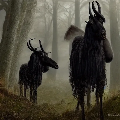 Image similar to thomas kincaid painting of black phillip, long horns, 1 0 legs. from the movie the witch. dynamic lighting, masterpiece painting, octane render, cinematic trending