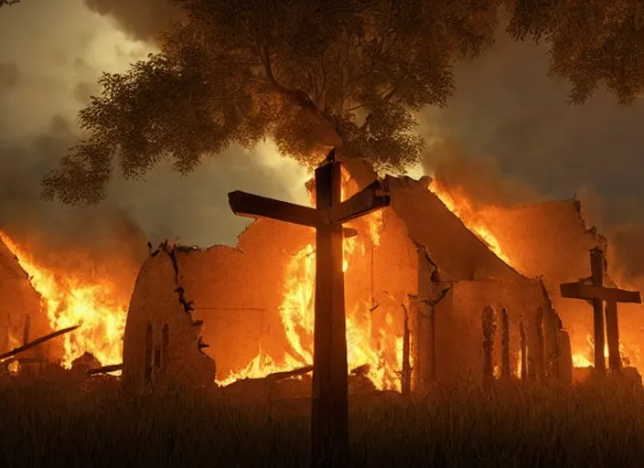 Image similar to a church is violently burning in the ruins of a native american village, burnt huts, bodies on the ground, jesus cross, horror, dramatic lighting, dawn, by caspar david friedrich, unreal engine 5