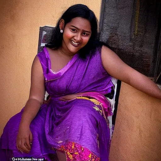Image similar to zi di had a head of curvy black hair, and her wheat coloured skin glistened with sweat, giving her a delicate appearance. her features were defined, and she had a beautiful smile beyond the ordinary. the most attractive part of her was her big, purple eyes, shining like clear amethyst.