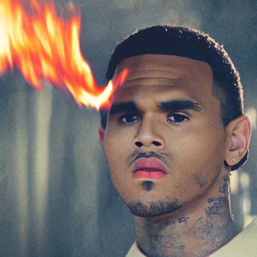 Image similar to cinematic film still of Chris Brown starring as a Japanese Sensei with fire, Japanese CGI, VFX, 2003, 40mm lens, shallow depth of field, film photography