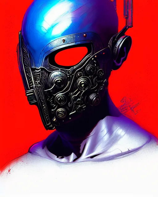 Prompt: professional concept art portrait of a diesel punk man with a vibrantly colored mask in a dark room by artgerm and greg rutkowski ( thin white border ). an intricate, elegant, highly detailed digital painting, concept art, smooth, sharp focus, illustration, in the style of cam sykes, wayne barlowe, igor kieryluk.