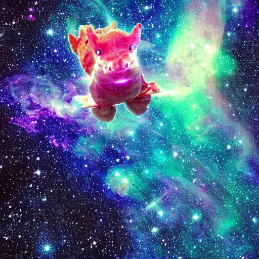 Image similar to an axolotl riding nyan cat through space, nebula, colorful