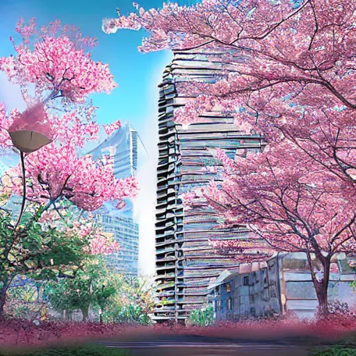 Image similar to cherry blossoms wrapping around a tall sky rise building in an abandoned city, digital art highly detailed, award winning