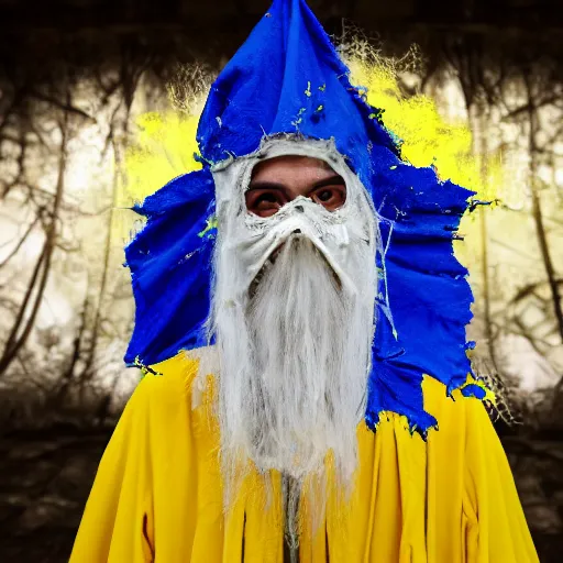 Prompt: Person in tattered yellow wizard robes, wearing a expressionless white mask, Wearing a yellow crown, Fantasy, 4k