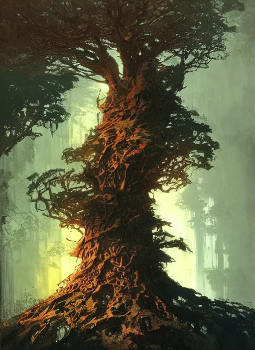 Image similar to giant tree, intricate, elegant, highly detailed, vivid colors, john park, frazetta, sparth, ruan jia, jeffrey catherine jones