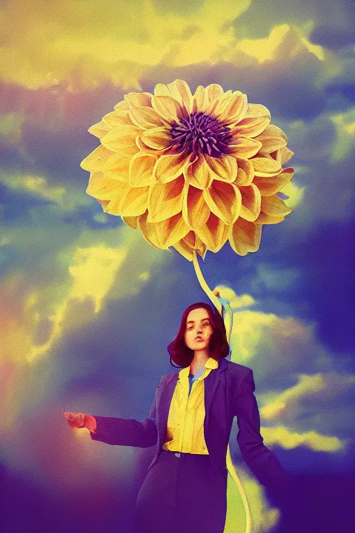 Image similar to closeup giant dahlia flower head, girl in a suit, surreal photography, blue sky, sunrise, dramatic light, impressionist painting, digital painting, artstation, simon stalenhag