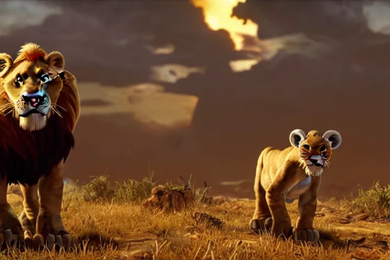 Image similar to simba ( from the lion king ), heavily armed and armored facing down armageddon in a dark and gritty version from the makers of fallout : war never changes