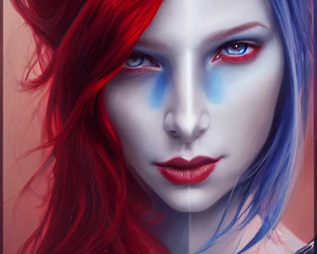 Image similar to A detailed matte oil on canvas head on symmetrical portrait of a distinguished elven woman with red and blue hair on an empty background, by Charlie bowater, Lise Deharme, Wlop, trending on artstationhd, dungeons and dragons art, parted hair , half blue, half red , split dye, critical role