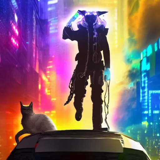 Image similar to colorful cyberpunk cat with 2 heads walking on clouds, realistic, 4 k