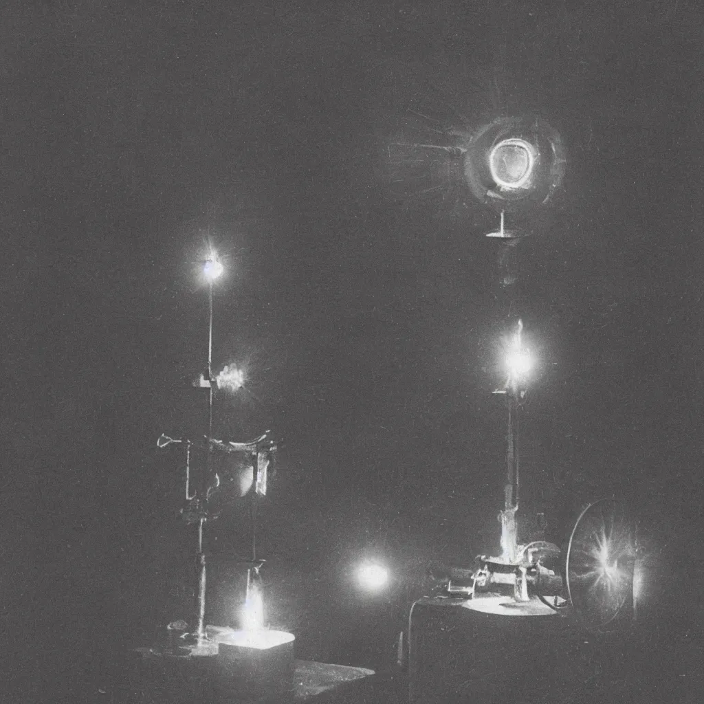 Prompt: grainy 1800s photo of a mechanical device opening a glowing portal to another dimension