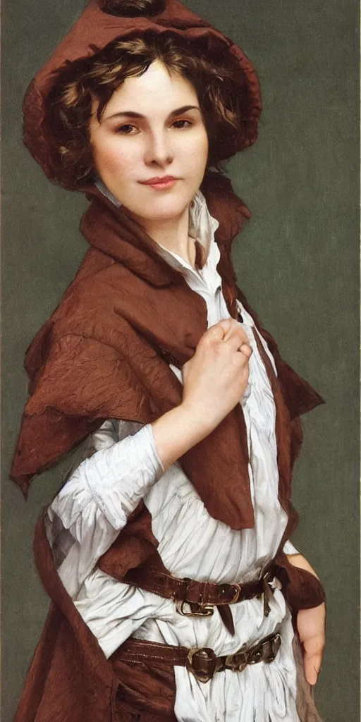 Prompt: a beautiful woman, beauty, high cheek bones, half onesided smile, mischievous, bard, brown hair, messy hairstyle, short hair, cream colored peasant shirt, brown pants, leather boots, dark green cloak, round hood, elf ears, youthful, white background, proportionate, by j.c. leyendecker, single face, trending on artstation, realistic, highly detailed, masterpiece