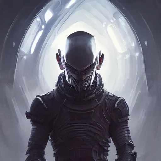 Image similar to Portrait of an alien man by Greg Rutkowski, hard predatory look pointed ears, prominent jaw and visible fangs, wearing a futuristic space tactical gear that looks like a mix between the samurai, viking and templar aesthetics, mix between tribal and hi-tech, highly detailed portrait, scifi, space opera, digital painting, artstation, concept art, smooth, sharp foccus ilustration, Artstation HQ