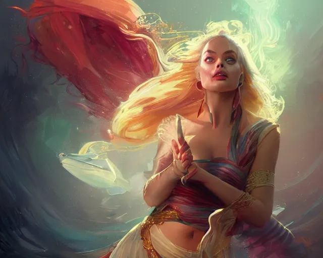 Image similar to margot robbie as a beautiful magician casting colorful spells, fantasy art, in the style of greg rutkowski, illustration, epic art, fantasy, intricate, elgant, amazing detail, digital painting, artstation, concept art, smooth, sharp focus