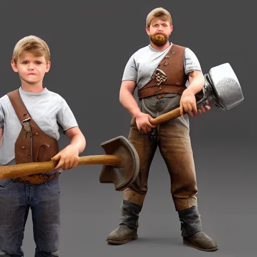 Image similar to realistic 3 d render of blacksmith kid character holding big hammer, unreal engine 5, extremely detailed