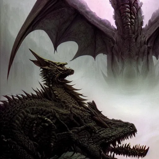 Image similar to concept art of chimera dragon, roaring, elegant, valley, heavy fog, wayne barlowe, hyper detailed