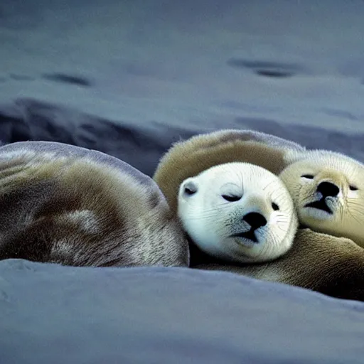 Image similar to a cave painting of three baby harp seals playing, National Geographic photo