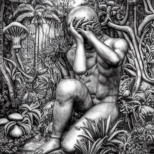 Image similar to botanical sketch of The thinker sculpture with a mechanical/cybernetic head, mushrooms and peyote at the base, surrounded by a lush jungle and vines, high detail, b&w,