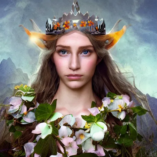 Prompt: portrait, stunning ethereal half - elf adventurer, made of sunlight and moonbeams, gently smiling with a crown of flowers, realistic, award - winning photography, glowing