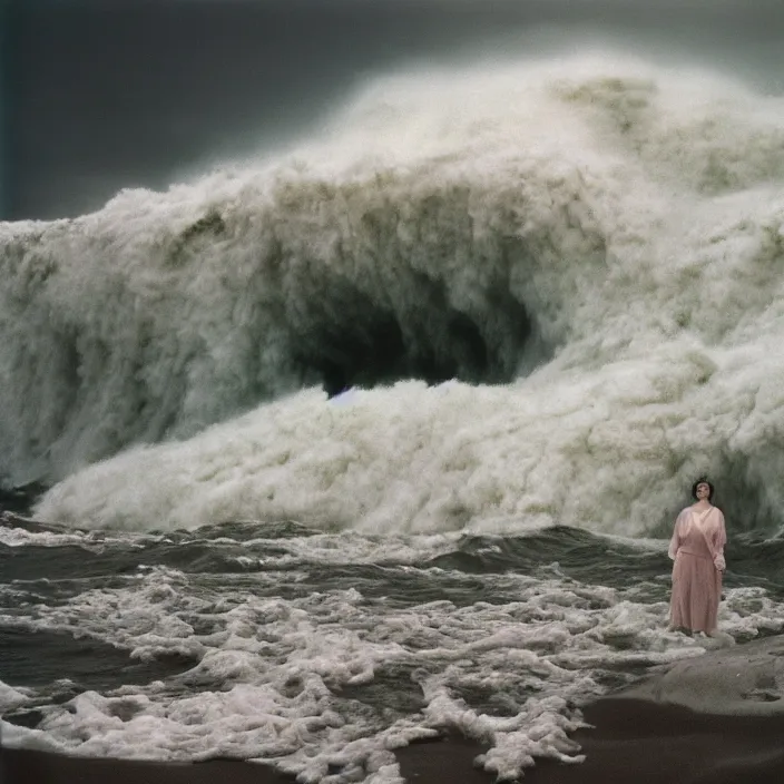 Prompt: a woman wearing wrapped in plastic, standing in front of a giant tsunami wave, color photograph, by vincent desiderio, canon eos c 3 0 0, ƒ 1. 8, 3 5 mm, 8 k, medium - format print